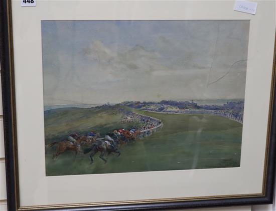 Lionel Edwards, watercolour, The Racecourse at Brighton, signed, Roland Ward label verso, 36 x 46cm